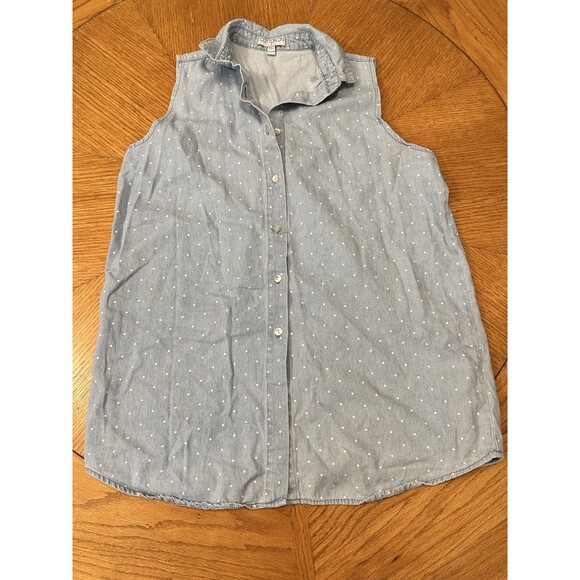 Cotton On Blue White Polka Dot Cotton Sleeveless Button Top Chambray Tank - Picture 1 of 6